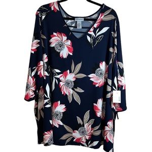 Catherine's Tunic Top with 3/4 Sleeves in Navy Blue Floral, Women's 3X, 26-28W